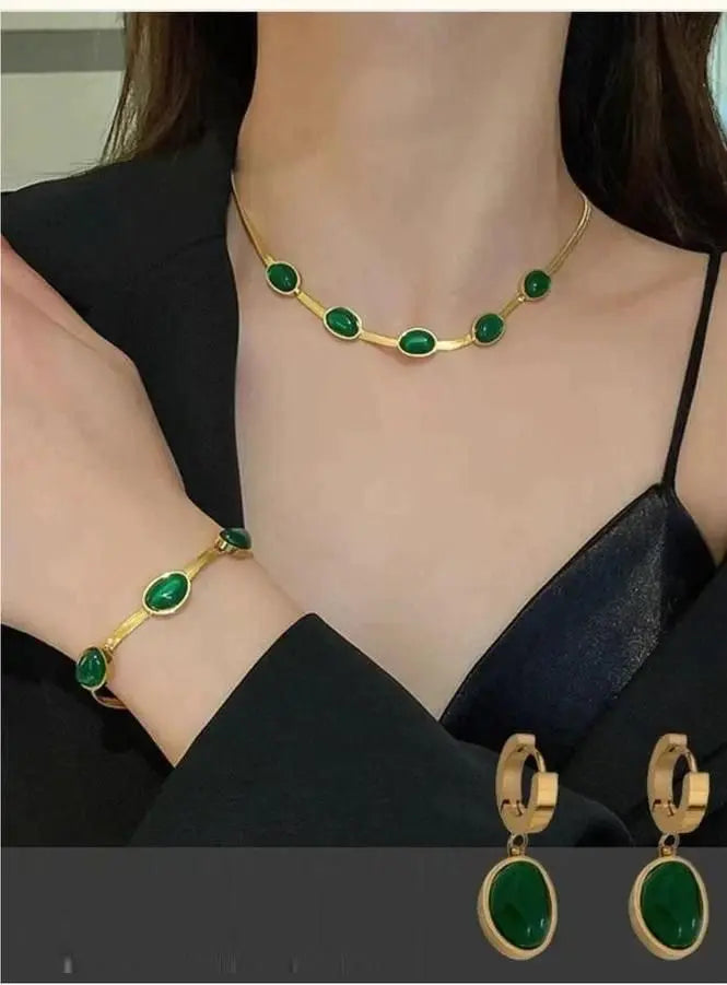 Oval Green Crystal Pendant Necklace Set With Bracelet - ominibuyNecklaceominibuy6048128623