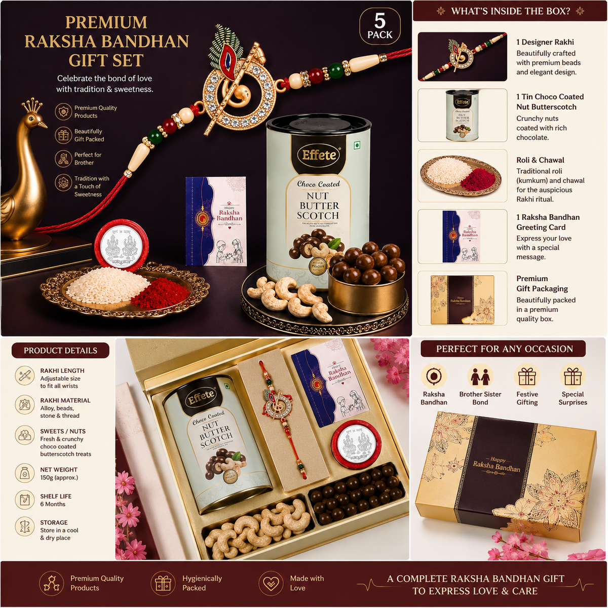 Premium Raksha Bandhan Gift Hamper with Designer Rakhi, Choco-Coated Nut Butterscotch & Festive Roli Chawal | Rakhi Gift Set for Brother
