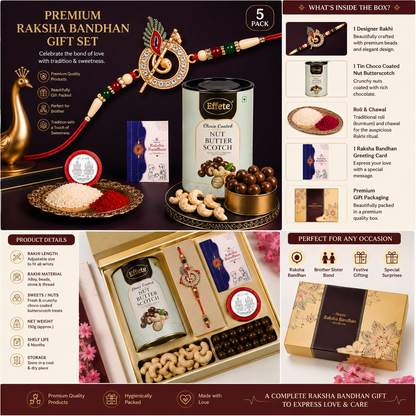 Premium Raksha Bandhan Gift Hamper with Designer Rakhi, Choco-Coated Nut Butterscotch & Festive Roli Chawal | Rakhi Gift Set for Brother