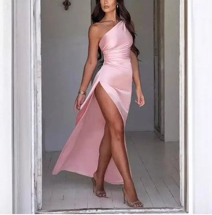 Sexy One - shoulder Backless Slit Dress Summer Elegant Slim - fit Solid Color Satin Dresses For Women - ominibuyTop wearominibuyPinkCJLY173739529CX