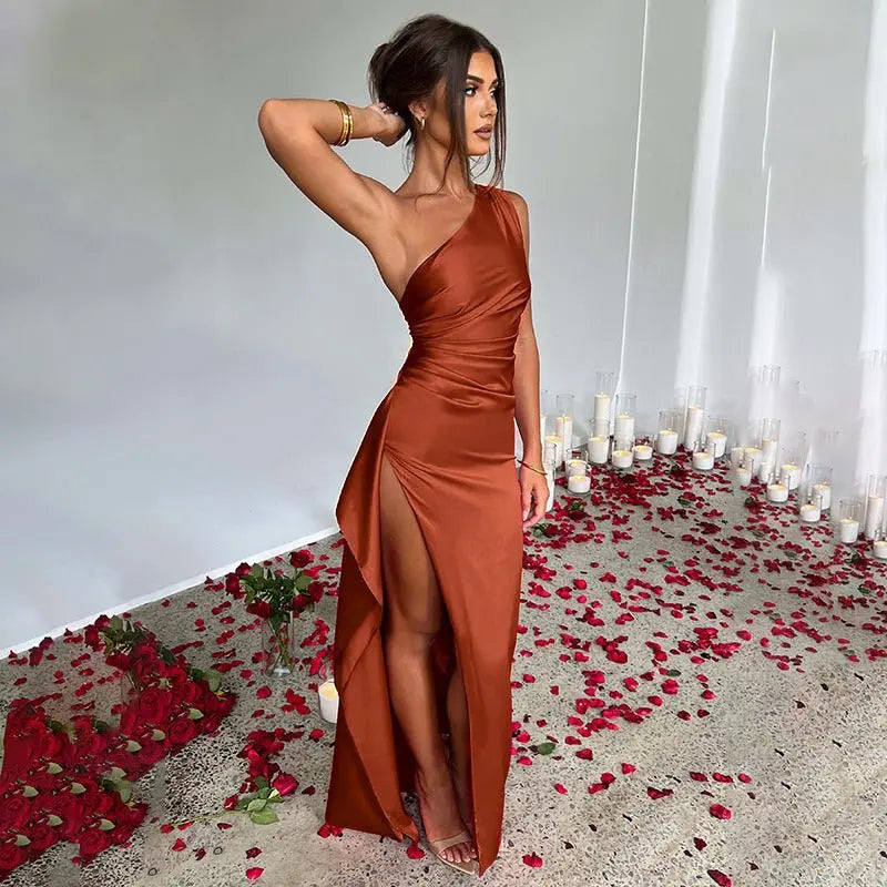 Sexy One - shoulder Backless Slit Dress Summer Elegant Slim - fit Solid Color Satin Dresses For Women - ominibuyTop wearominibuyBrownCJLY173739525YB