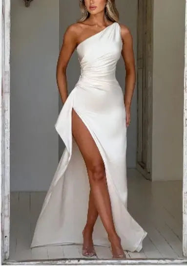 Sexy One - shoulder Backless Slit Dress Summer Elegant Slim - fit Solid Color Satin Dresses For Women - ominibuyTop wearominibuyWhiteCJLY173739541OL