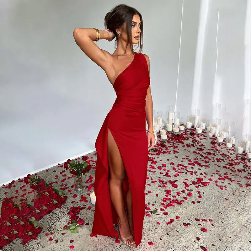 Sexy One - shoulder Backless Slit Dress Summer Elegant Slim - fit Solid Color Satin Dresses For Women - ominibuyTop wearominibuyWine RedCJLY173739521UF