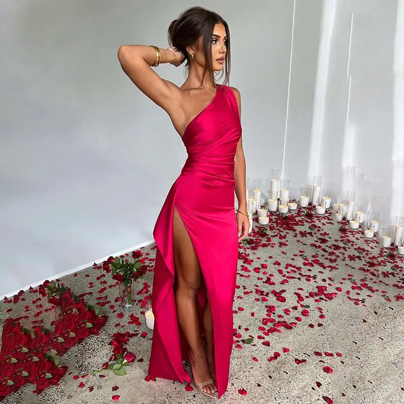 Sexy One - shoulder Backless Slit Dress Summer Elegant Slim - fit Solid Color Satin Dresses For Women - ominibuyTop wearominibuyRedCJLY173739503CX