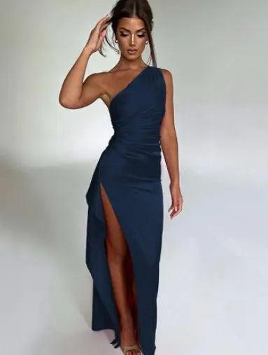 Sexy One - shoulder Backless Slit Dress Summer Elegant Slim - fit Solid Color Satin Dresses For Women - ominibuyTop wearominibuyBlueCJLY173739533GT