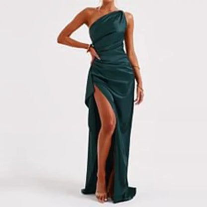 Sexy One - shoulder Backless Slit Dress Summer Elegant Slim - fit Solid Color Satin Dresses For Women - ominibuyTop wearominibuyImage colorCJLY173739571SH