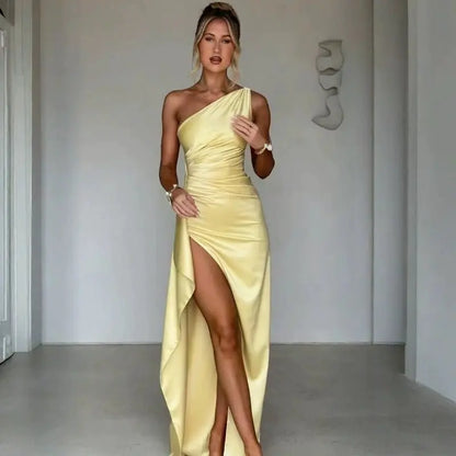 Sexy One - shoulder Backless Slit Dress Summer Elegant Slim - fit Solid Color Satin Dresses For Women - ominibuyTop wearominibuyYellowCJLY173739566NM